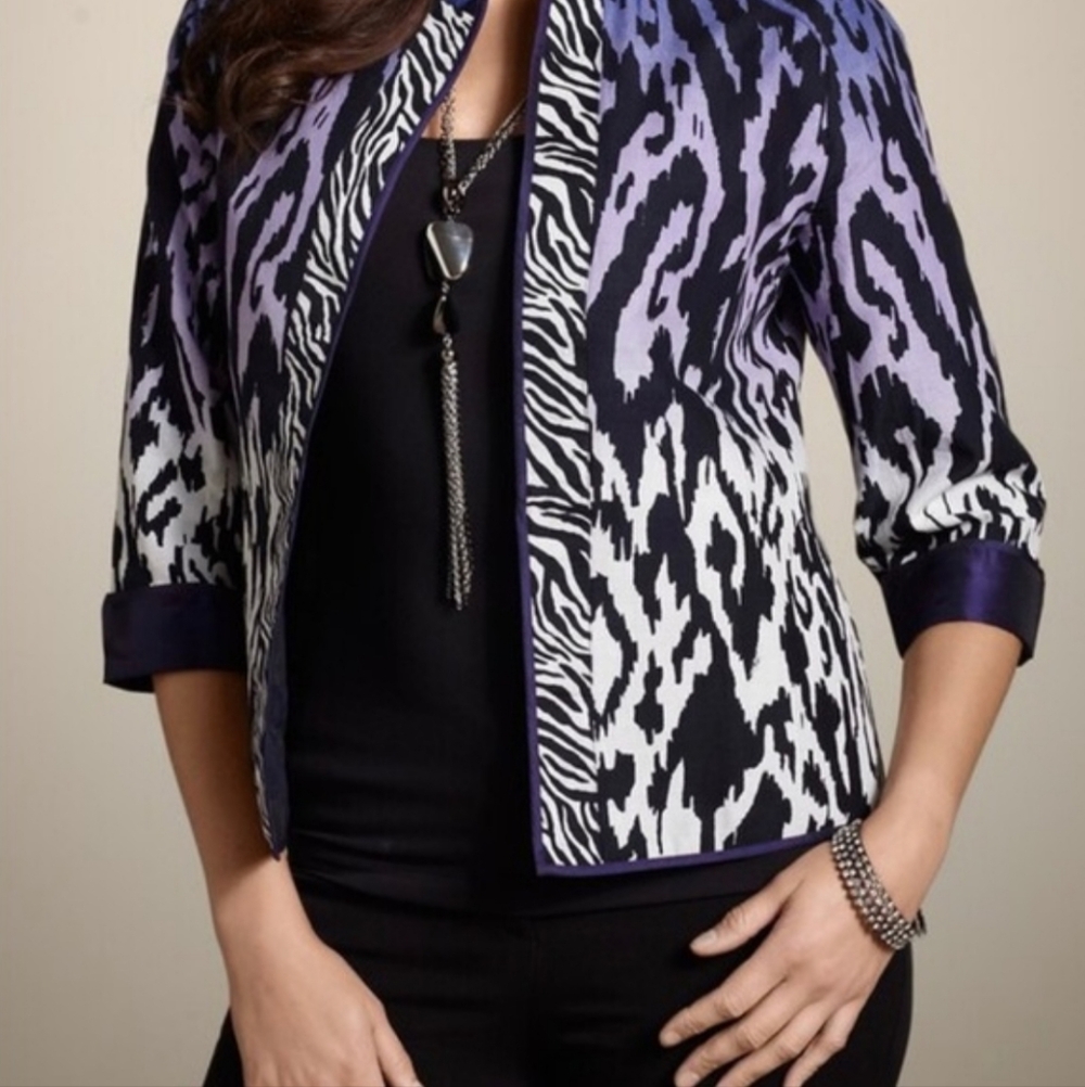 Chico's Kaitlin Reversible Jacket Ikat Ombre Purple Black Taffeta Back Open L/12